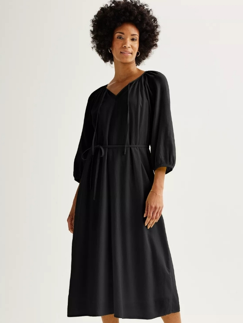 NWT Sonoma Goods For Life Pitch Black Linen Blend Midi Dress Tie Neck ¾ Sleeve M